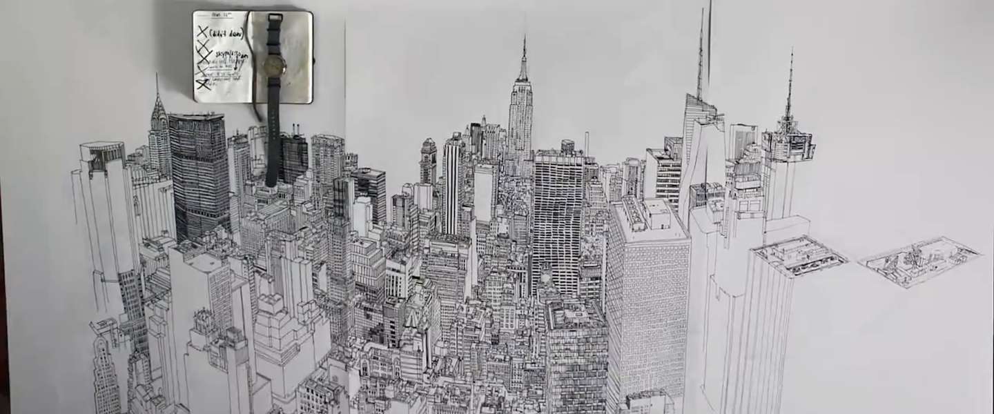 Illustrator tekent skyline New York City in bijzondere time-lapse