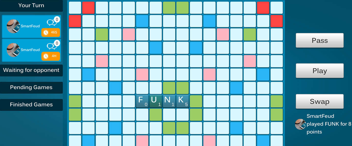 SmartFeud: lijkt op Wordfeud maar dan ook met 3 tot 4 spelers