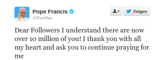 Aantal volgers Paus Fransiscus op Twitter voorbij 10 miljoen