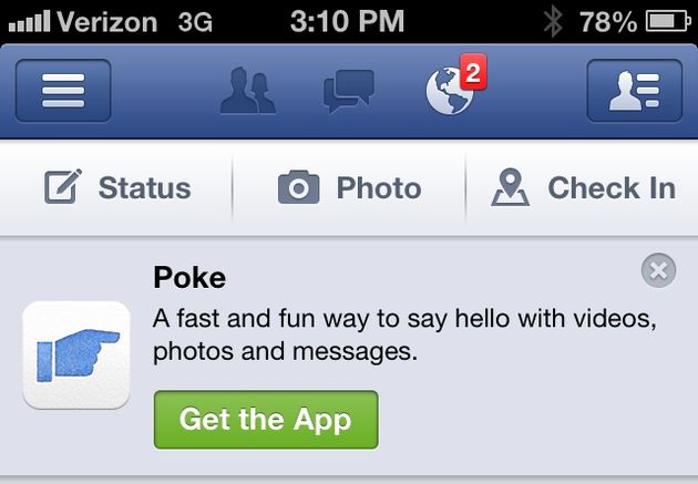 Facebook promoot Poke via bericht in iPhone-app