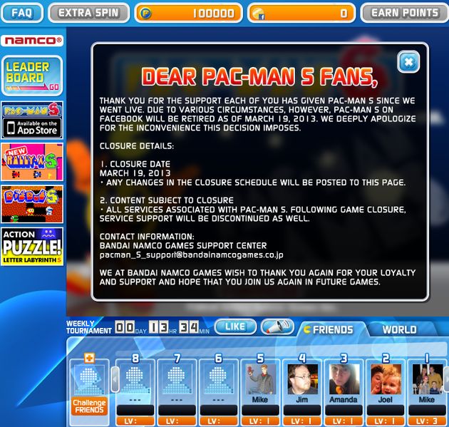 'Game over' voor Namco op Facebook