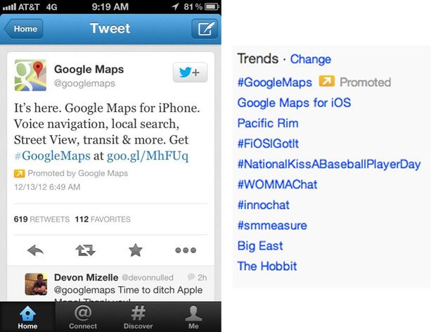 Google betaalt Twitter om te adverteren voor Google Maps