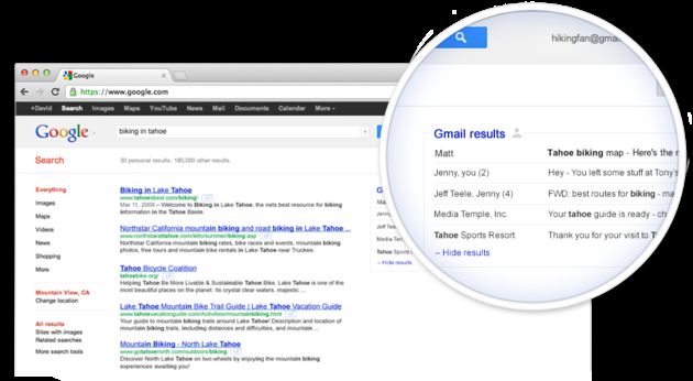 Google Search toont Gmail resultaten