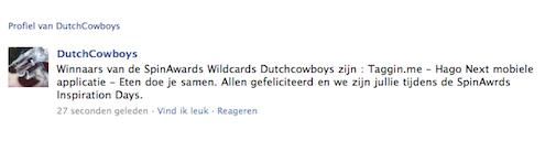 SpinAwards wildcards Dutchcowboys voor Hago Next, Eten doe je samen en Taggin.me