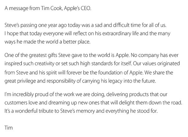 Tim Cook herdenkt overlijden Steve Jobs op homepage Apple