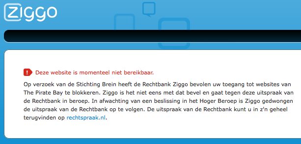 Ziggo start met blokkeren van The Pirate Bay