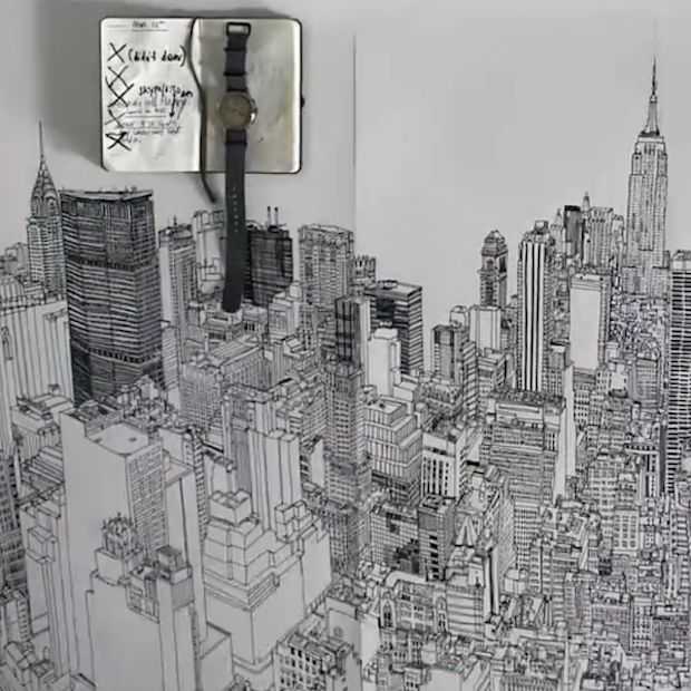 Illustrator tekent skyline New York City in bijzondere time-lapse