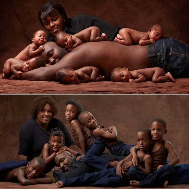 Grappig: gezin met zesling doet familieportret over na zes jaar