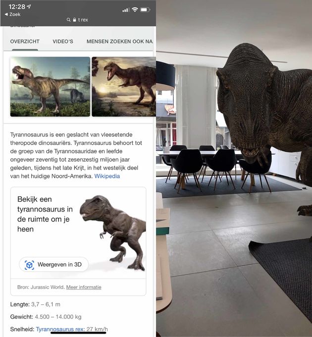 <i>Links de zoekopdracht, rechts de T-Rex in 3D.</i>