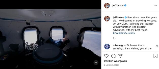 Bezos maakte het nieuws van zijn eerste ruimtevlucht bekend op Instagram.