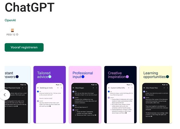 Je kunt je alvast registreren voor de ChatGPT Android app.