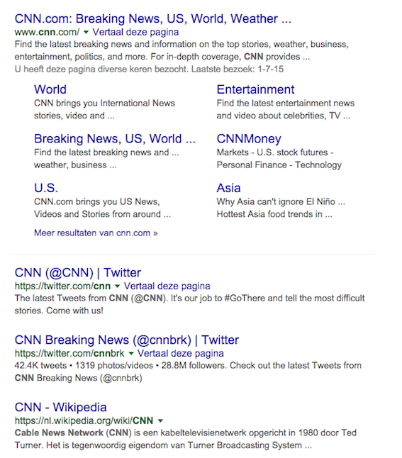 Het zoekresultaat in Google op `CNN`