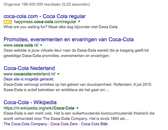 Het zoekresultaat in Google op `Coca Cola`
