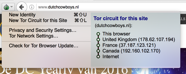 Een voorbeeld van de route naar Dutch Cowboys via de Tor-browser.