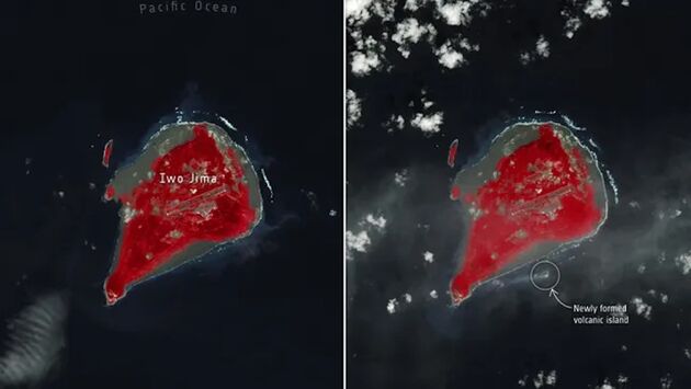 Het nieuwe eilandje van Japan (rechts, onder Iwo Jima).