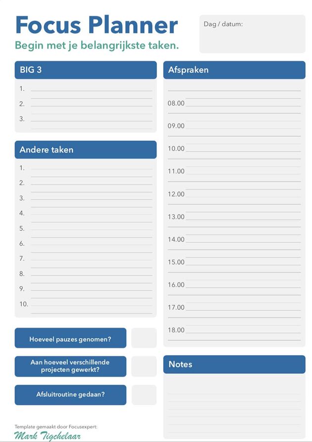 <i>Voorbeeld focus planner van Mark Tichelaar.</i>