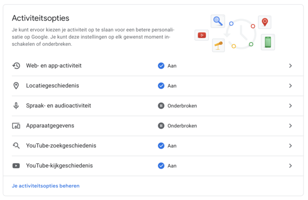 <em>Activiteitsopties beheren op je Google-account<\/em>