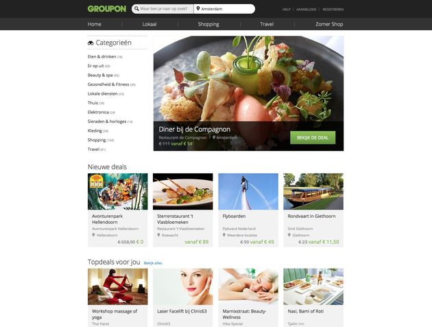 De vernieuwde homepage van Groupon met vernieuwde navigatie en meer beeld
