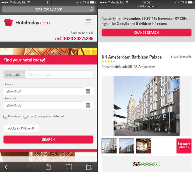Screenshots van Hoteltoday op een smartphone