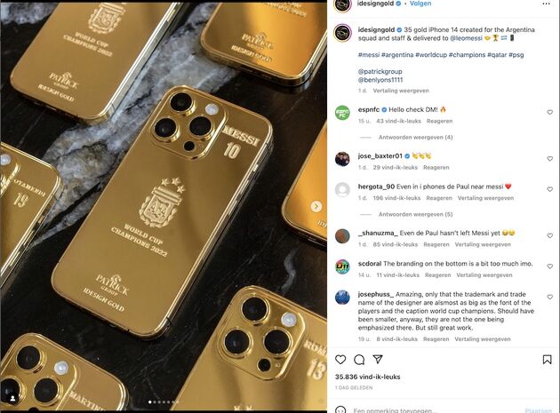 De gouden, gepersonaliseerde iPhone van Messi zelf. (Via <a href=\