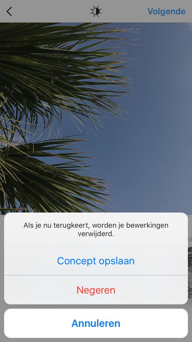 Instagram vraagt of je je foto als concept wil opslaan.