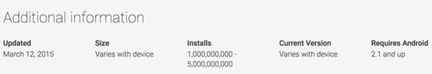 Het aantal installs staat nu op: 1.000.000.000 - 5.000.000.000