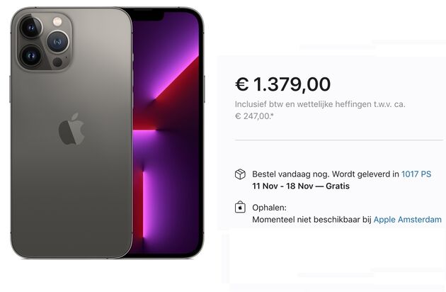 De levertijd op een nieuwe iPhone 13 Pro (en Pro Max) is momenteel vier tot vijf weken.