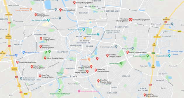 Beschikbare laadpalen in Breda via Google Maps