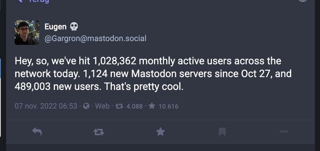 De eigenaar van Mastodon is uiteraard blij met de nieuwe gebruikers.