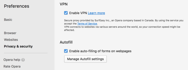 De settings in Opera om VPN in te schakelen