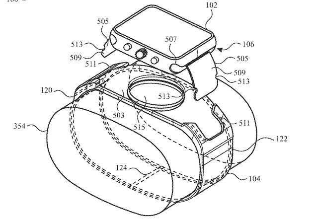 Apple bedacht een `kliksysteem` voor de Apple Watch met camera. Afbeelding: <a href=\