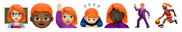 Dit zou de volledige integratie zijn: rood haar op alle emoji met alle huidskleuren.
