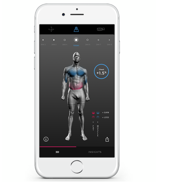 De app van Naked Labs die de vorderingen van je lichaam bijhoudt.