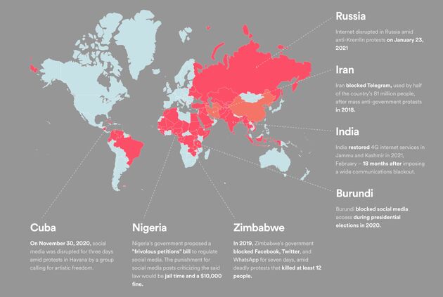De landen die zich schuldig maken aan het blokkeren van sociale netwerken (Bron: <a href=\