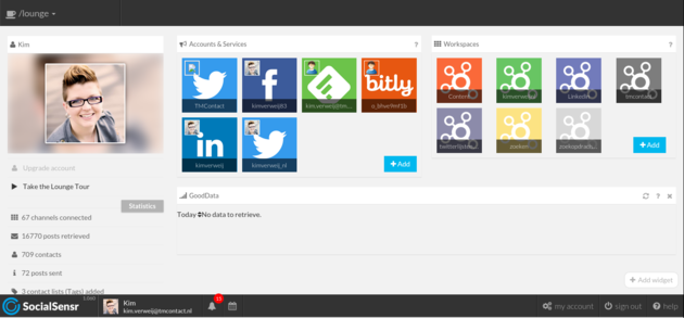 SocialSensr start in de Lounge. Hier zie je welke accounts en welke workspaces zijn toegevoegd