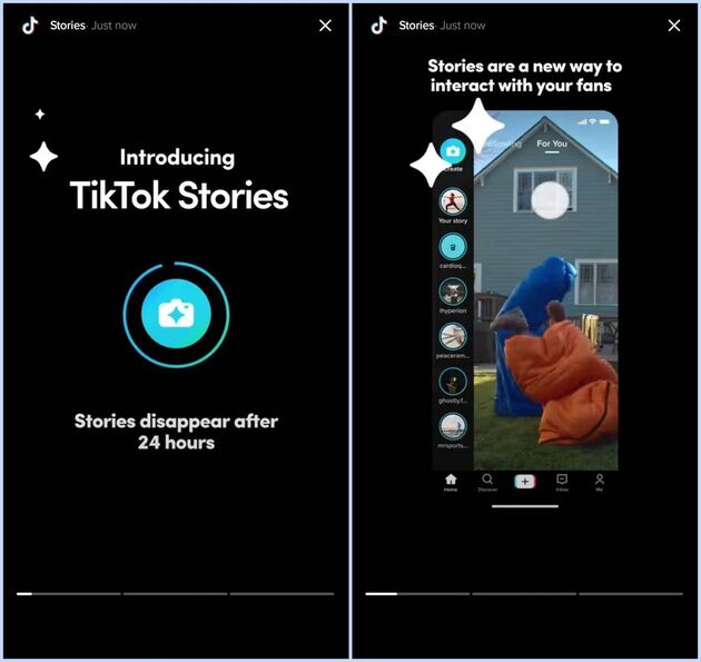 Enkele screenshots van de nieuwe `Stories` functie die door TikTok momenteel getest wordt.